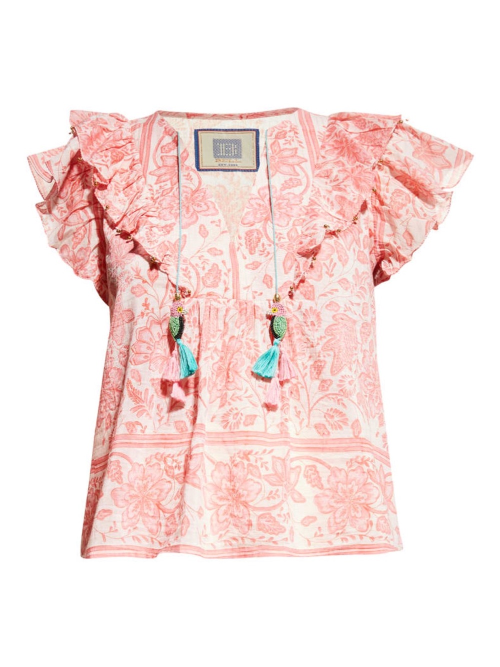 Pink Floral Ruffle-Trim Blouse with Tassel Detail